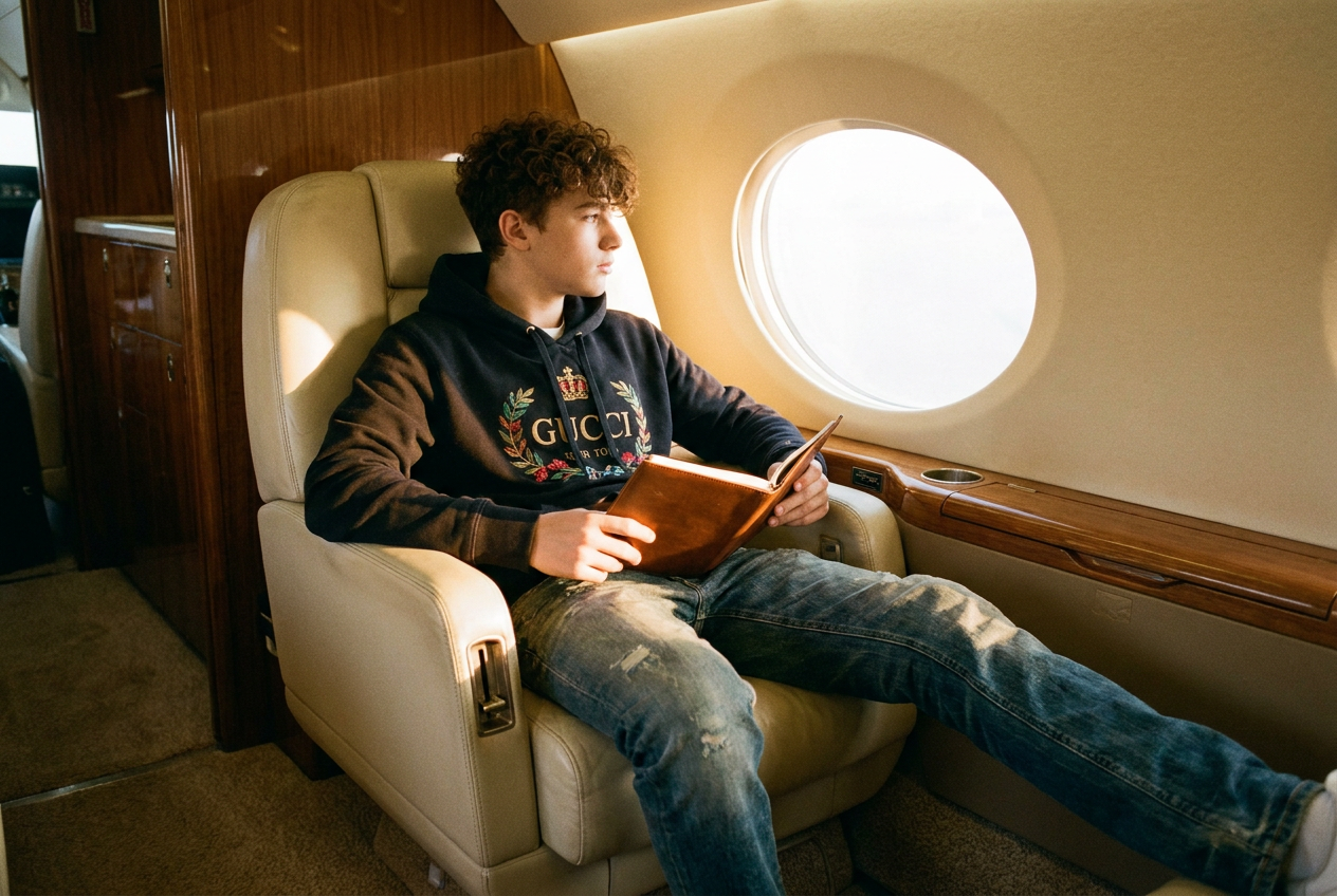 A hyper-realistic 4K image of a teen in a private jet generated by Lyvoriia for the ultimate luxury travel flex.