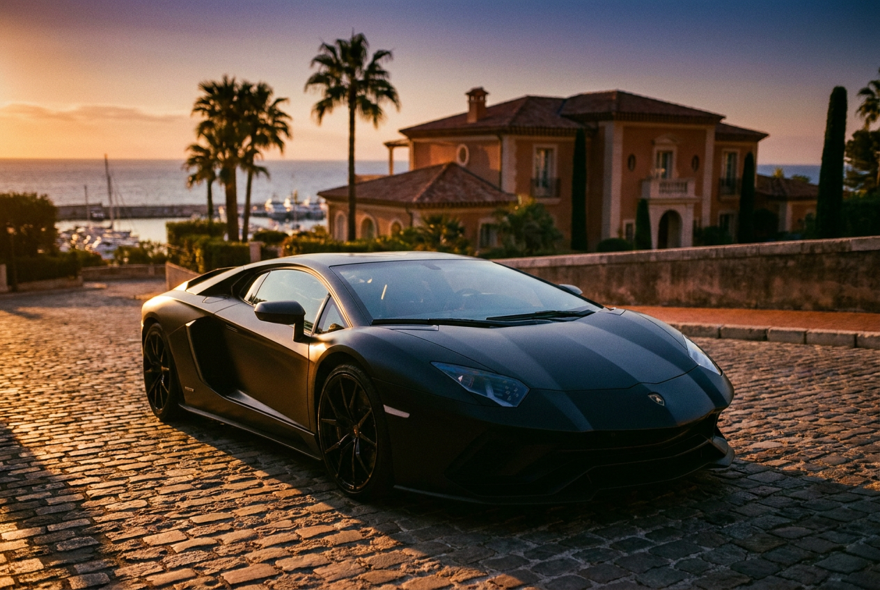 A stunning 4K photoreal luxury supercar in Monaco created by Lyvoriia AI to upgrade your lifestyle social media posts.