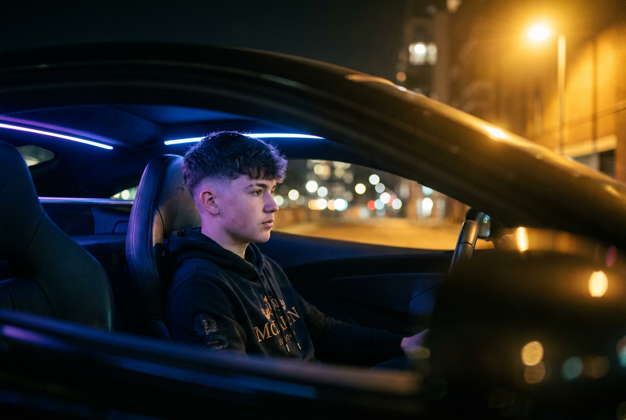 A high-end 4K lifestyle photo generated by Lyvoriia showing a teen in a supercar.