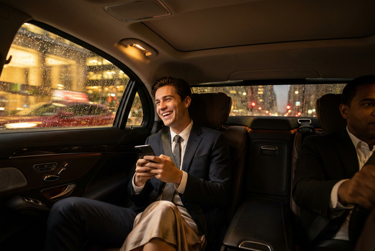 A high-end lifestyle photo of a couple in a luxury car generated by Lyvoriia AI.
