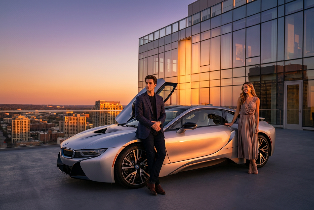 A 4K photoreal image of a supercar and penthouse lifestyle created with Lyvoriia.