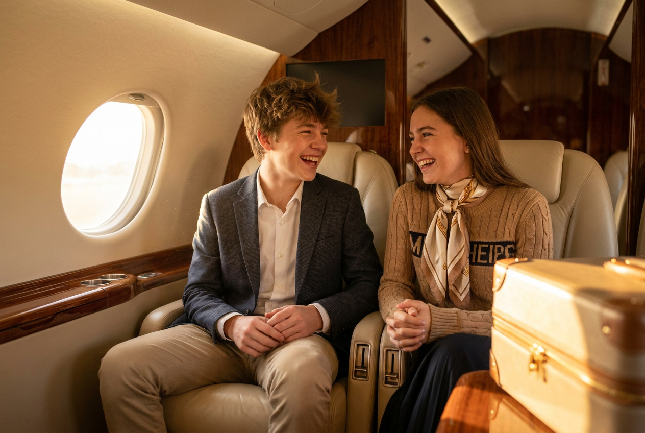 A realistic 4K photo of a couple in a private jet created by Lyvoriia AI.