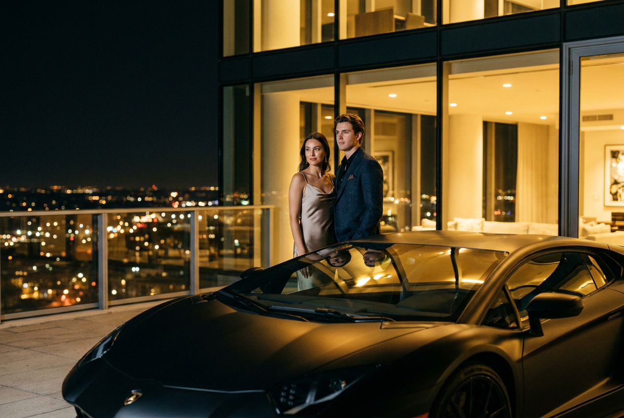 A high-end lifestyle photo of a couple and a supercar generated by Lyvoriia.