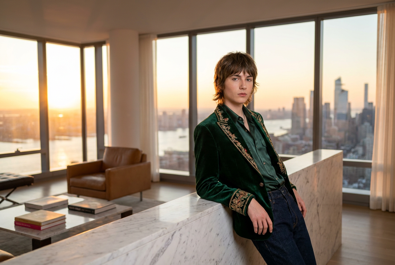 A hyper-realistic 4K lifestyle photo of a teen in a luxury penthouse created with Lyvoriia.
