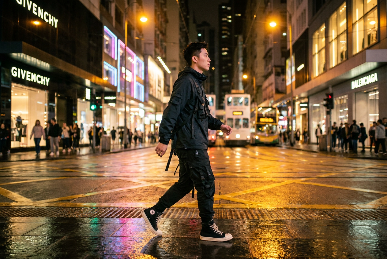 A realistic streetwear fit check in a luxury city setting generated by Lyvoriia AI.