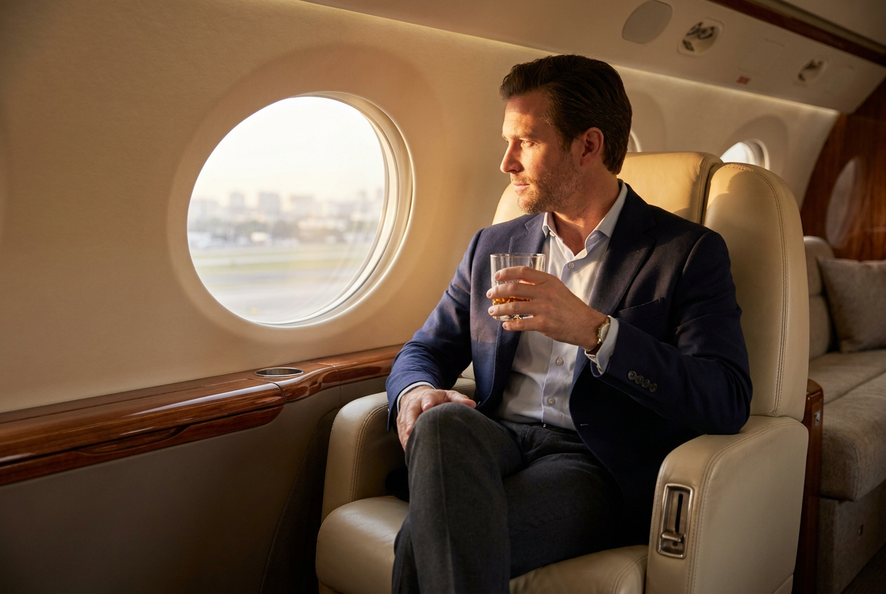 Photorealistic AI luxury instagram photos of a man in a private jet generated by Lyvoriia.