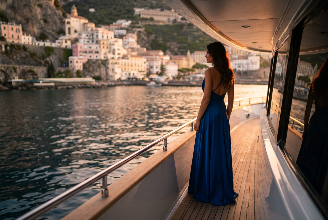 High-end 4K lifestyle photo of a woman on a yacht created using Lyvoriia AI luxury instagram photos.