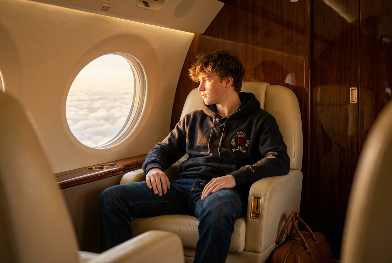 A realistic 4K photo of a teenager in a private jet generated by Lyvoriia for a luxury lifestyle flex.