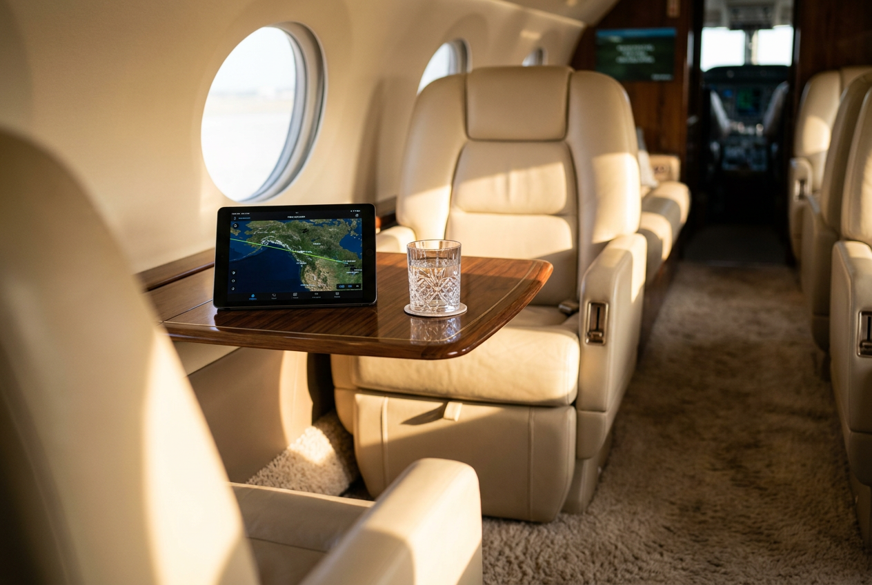 High-quality 4K private jet interior detail created by Lyvoriia AI showing extreme realism.