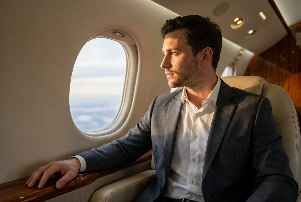 A realistic AI-generated lifestyle photo for TikTok showing a man in a private jet, created by Lyvoriia.