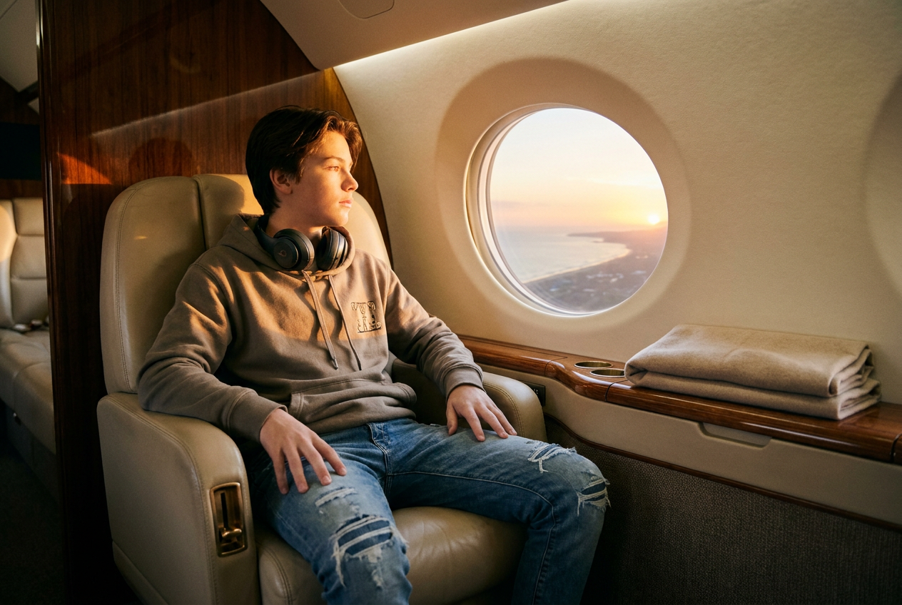 A hyper-realistic 4K photo of a teen in a private jet cabin created by Lyvoriia AI.