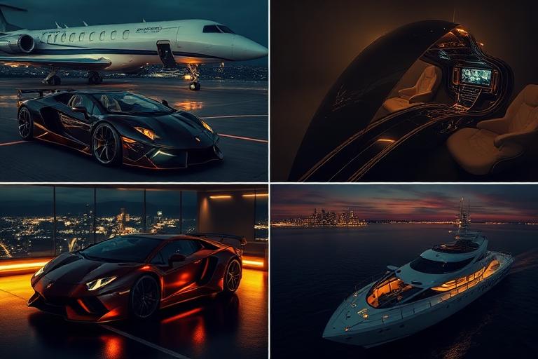 Grid of luxury scenes: supercar, private jet, penthouse and yacht