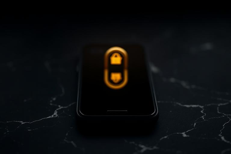 Phone on dark marble with a glowing golden padlock
