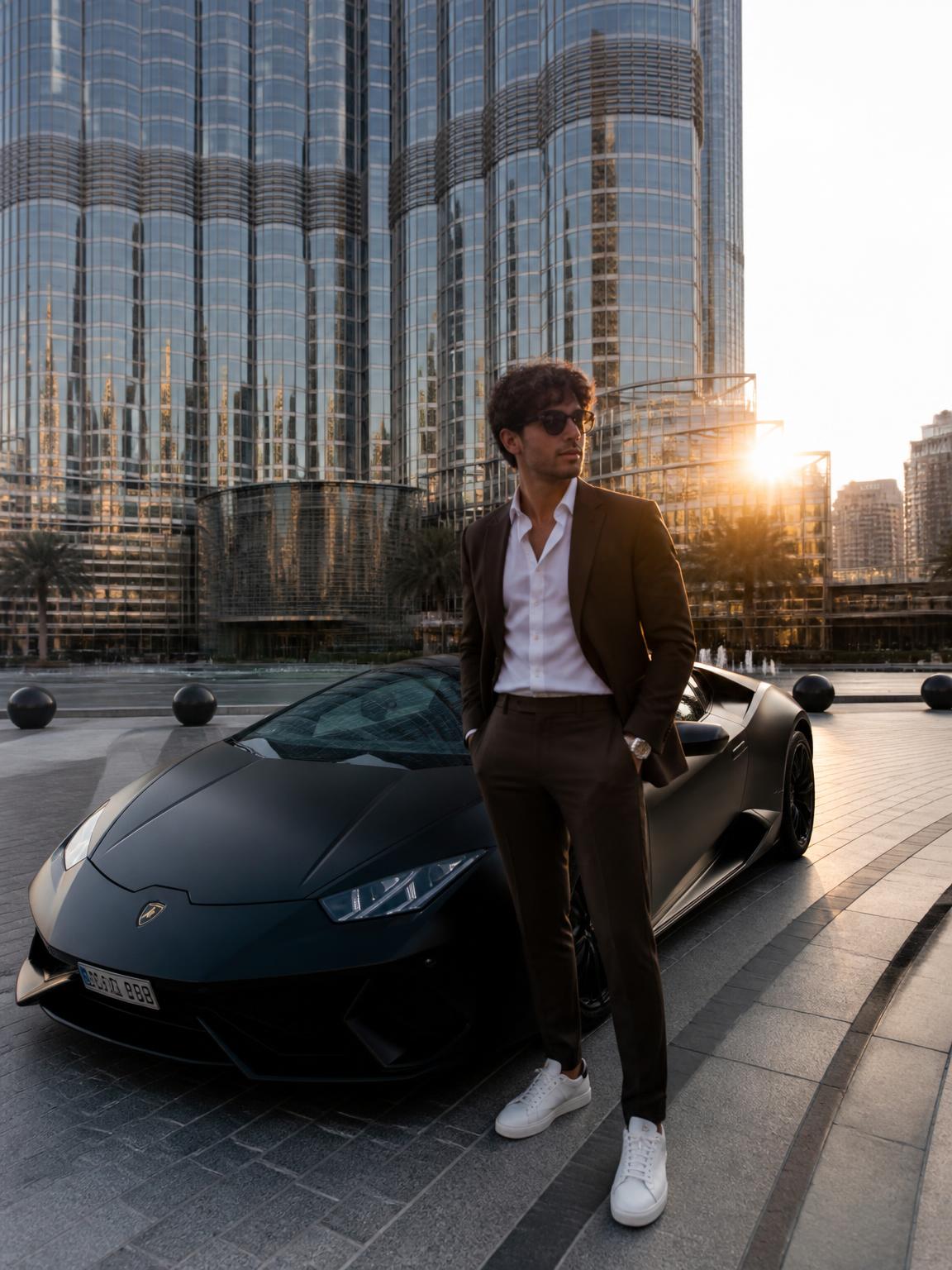 Man in tailored jacket beside a matte black sports car at golden hour