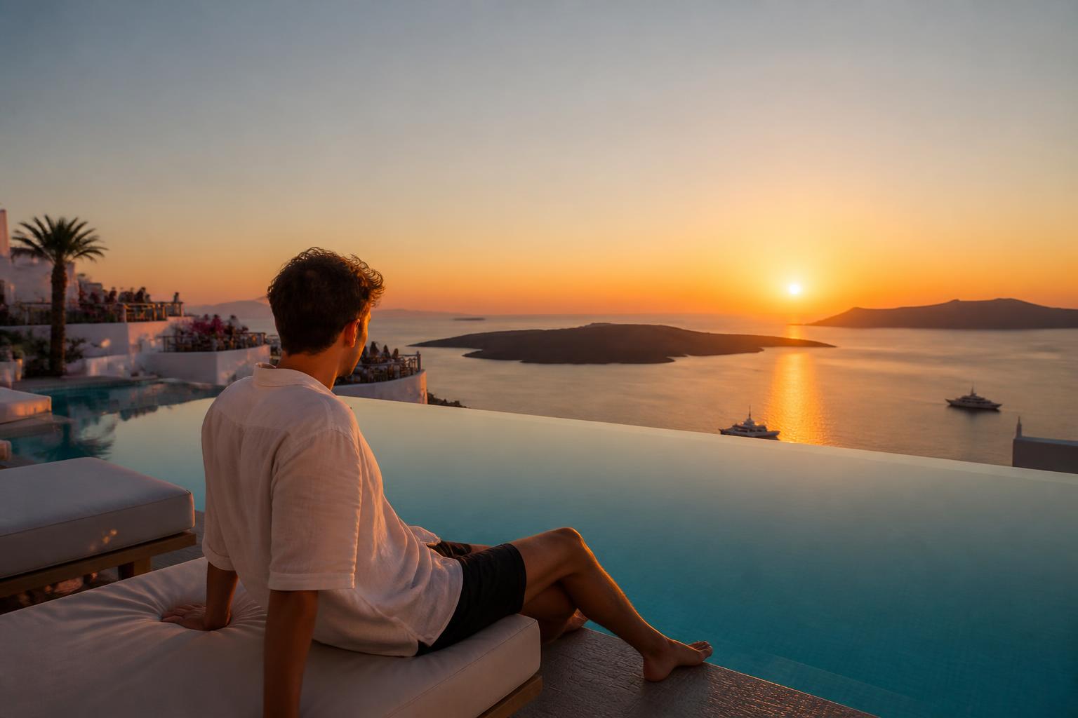 AI-generated luxury vacation recap photo by an infinity pool at sunset, created with Lyvoriia