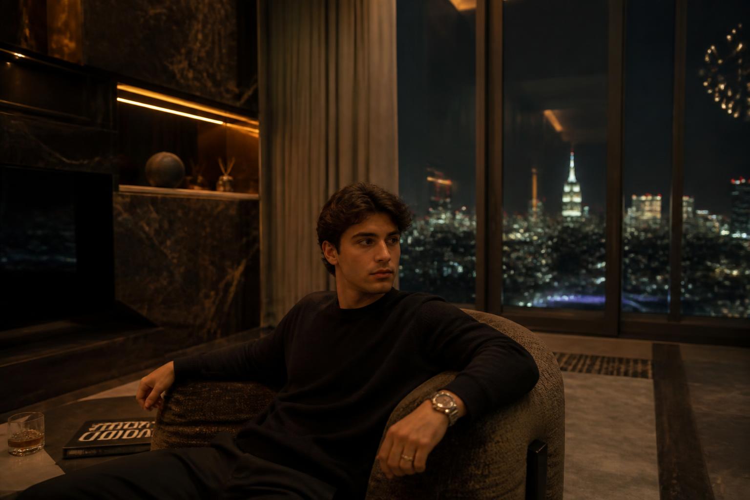 AI-generated penthouse photo with a night city skyline view, made with Lyvoriia