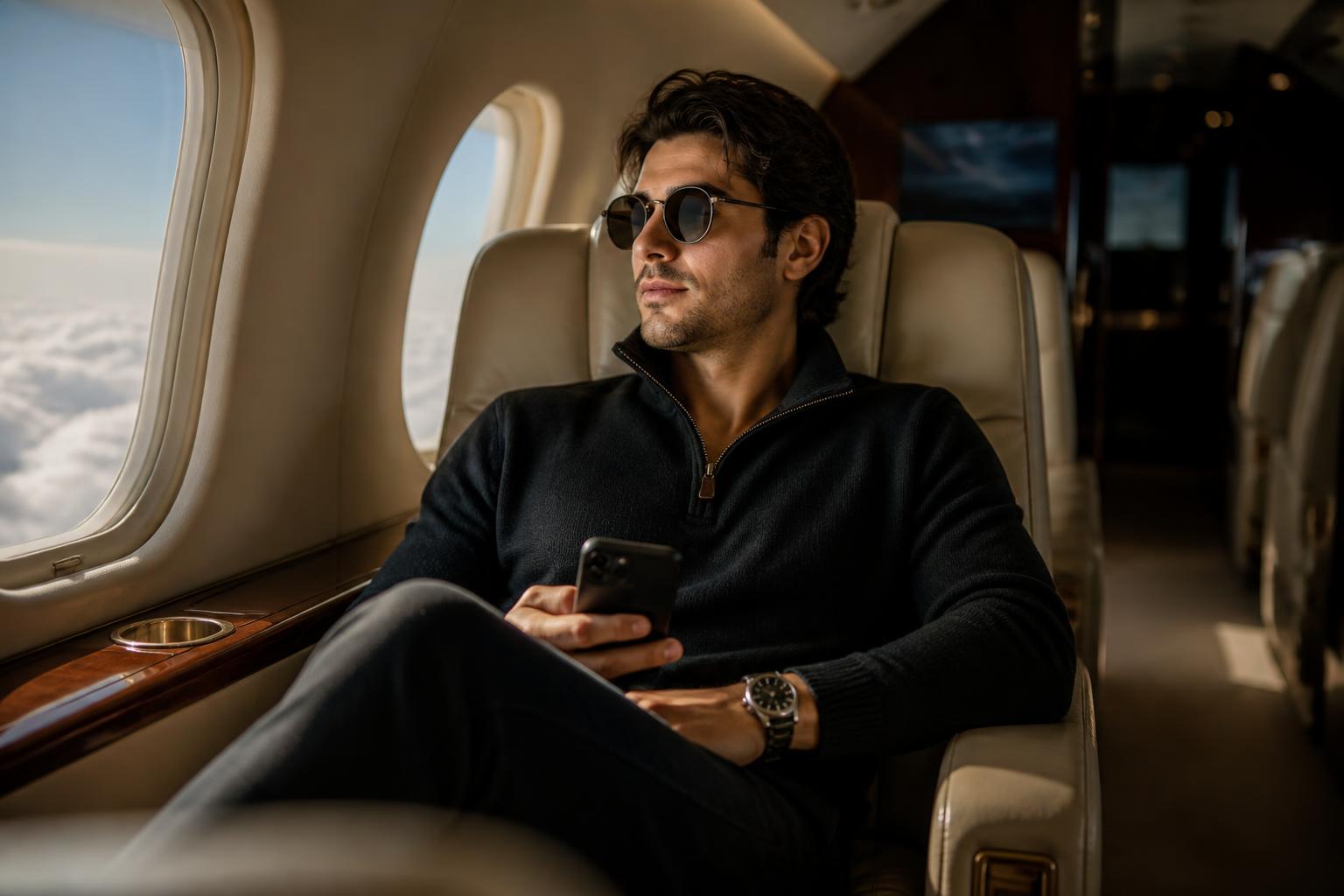 AI-generated private jet cabin photo of a young man at 30,000 feet, created with Lyvoriia