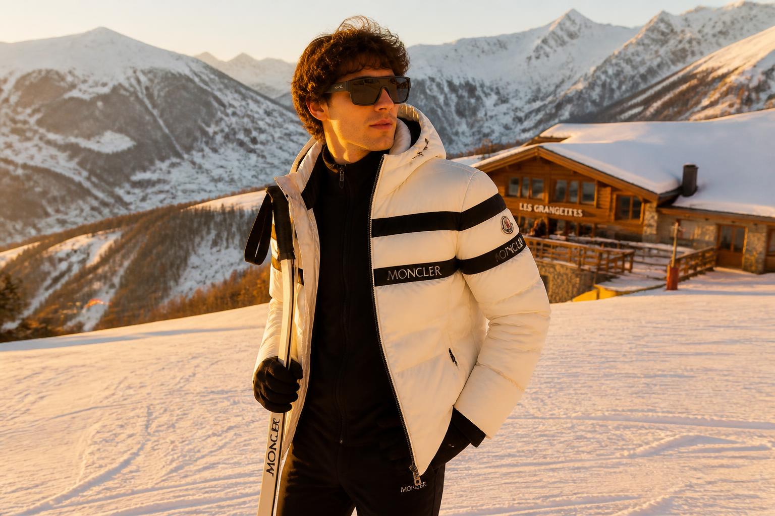AI-generated ski trip photo of a young man on an Alpine slope at golden hour, created with Lyvoriia