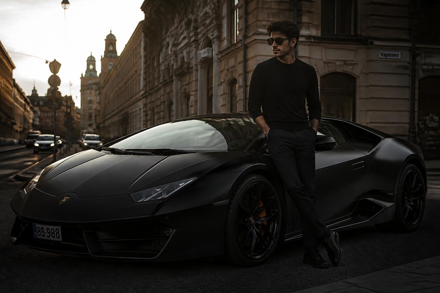 AI-generated supercar photo of a young man leaning on a matte black supercar at golden hour, made with Lyvoriia