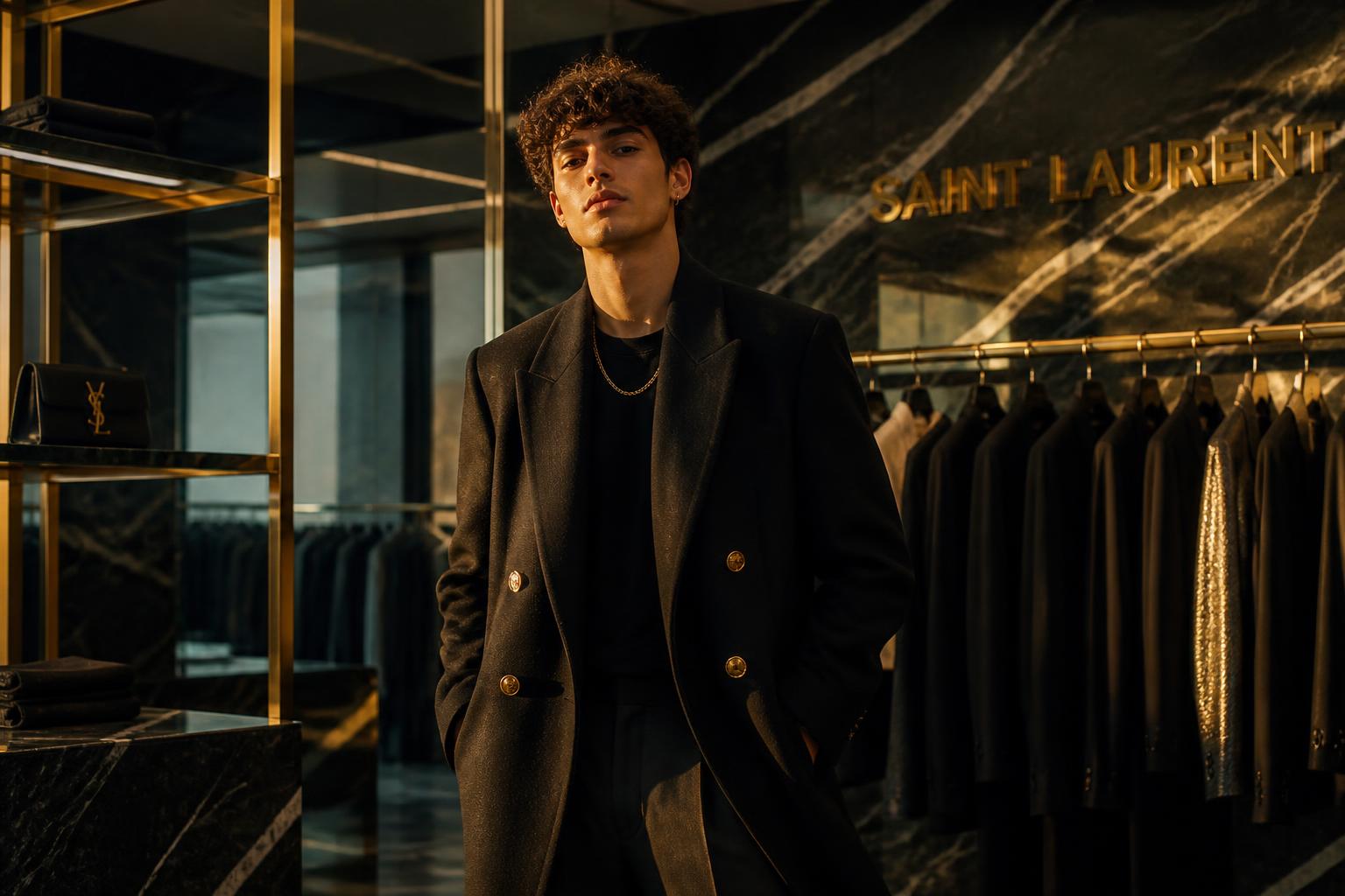 AI-generated luxury designer wardrobe photo of a young man in a marble boutique, made with Lyvoriia